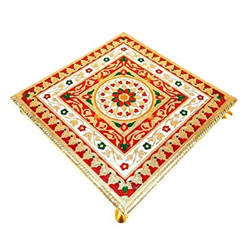 Wooden Minakari Pooja Chowki | Decorative Bajot (12 Inch/Golden) Flower Design Mangal Fashions | Indian Home Decor and Craft