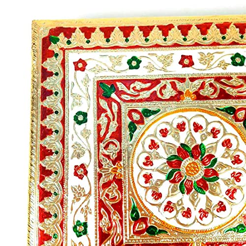 Wooden Minakari Pooja Chowki | Decorative Bajot (12 Inch/Golden) Flower Design Mangal Fashions | Indian Home Decor and Craft