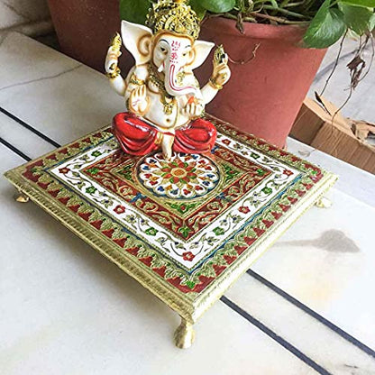 Wooden Minakari Pooja Chowki | Decorative Bajot (12 Inch/Golden) Flower Design Mangal Fashions | Indian Home Decor and Craft