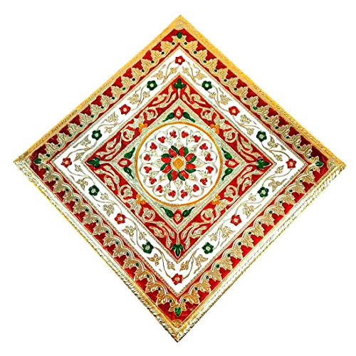 Wooden Minakari Pooja Chowki | Decorative Bajot (12 Inch/Golden) Flower Design Mangal Fashions | Indian Home Decor and Craft