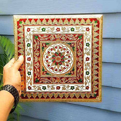 Wooden Minakari Pooja Chowki | Decorative Bajot (12 Inch/Golden) Flower Design Mangal Fashions | Indian Home Decor and Craft