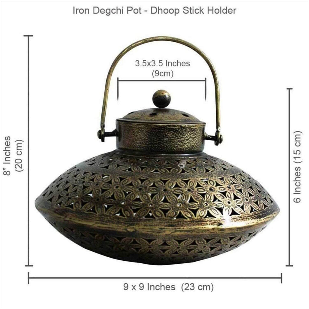 Cast Iron Degchi Dhoop Holder and Tea Light Holder for Home with Wall Hanging Stand and Brass Bells (9(L) x 9(B) x 6(H) inches, Antique Golden Brown - Round)