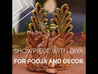 Pack of 1 - Peacock Design Radha Krishna Idol Showpiece with Diya for Puja, Home Decor and Gifting (8 x 6 Inches)